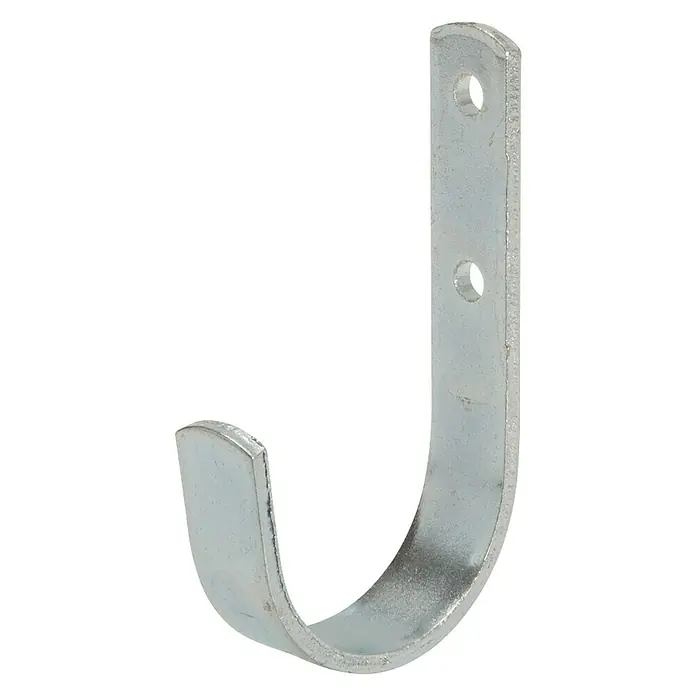 Stabilit Universalhaken - 6 x 2 x 11 cm, Belastbarkeit: 30 kg - Ein silberner J-förmiger Haken mit zwei Löchern zur Befestigung an einer Wand. Ideal zum Aufhängen von Gegenständen.