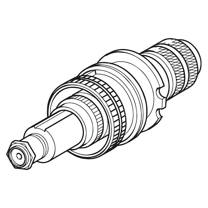 Hansa Temperaturreglereinheit inkl. Adapter - Messing, ½″ - Schematische Darstellung einer Sanitärarmatur, die aus verschiedenen zylindrischen Elementen zusammengesetzt ist. Detailreiche Illustration.