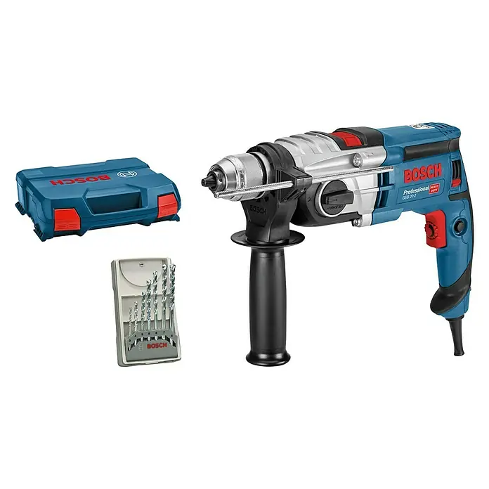 Bosch Professional Schlagbohrmaschine GSB 20-2 - 850 W, Schnellspannbohrfutter - Bosch Professional GSB 20-2 Schlagbohrmaschine mit Zubehör in einem blauen Koffer und einem Bohrer-Set.