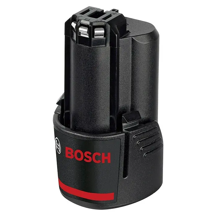 Bosch Professional Akku GBA 12V 3.0Ah - 12 V, 3 Ah - Nahaufnahme eines Bosch-Akkus. Der Akku ist schwarz mit roter Aufschrift und hat silberne Kontakte auf der Oberseite.