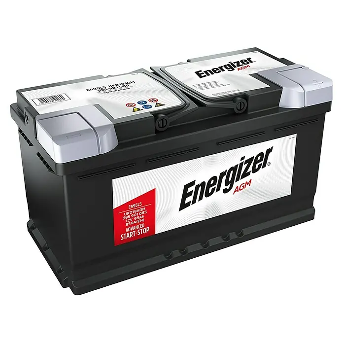 Energizer Autobatterie Premium AGM - Kapazität: 95 Ah, 12 V - Abbildung einer Energizer AGM Autobatterie, die für moderne Fahrzeuge mit Start-Stopp-Systemen geeignet ist.