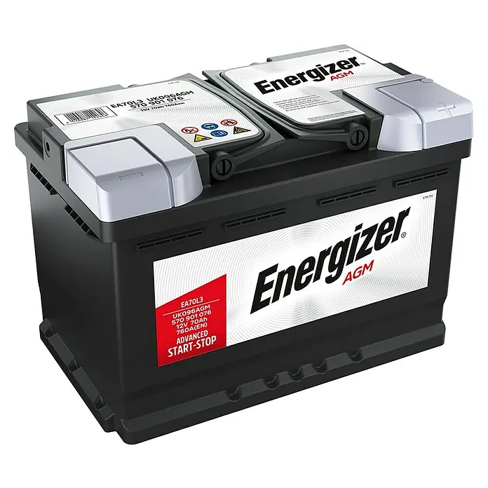 Energizer Autobatterie Premium AGM - Kapazität: 70 Ah, 12 V - Das Bild zeigt eine Energizer AGM Autobatterie, ideal für Fahrzeuge mit Start-Stopp-Systemen.