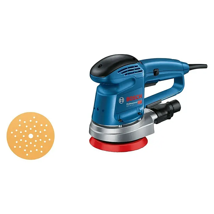 Bosch Professional Elektro-Exzenterschleifer GEX 34-125 - 340 W, Durchmesser Schleifteller: 125 mm, Leerlaufdrehzahl: 4.500 U/min - 12.000 U/min - Bosch Exzenterschleifer GEX 56-125 mit Schleifpapier, ideal für professionelle Schleifarbeiten. Leistungsstark und präzise.