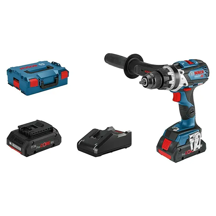 Bosch Professional AMPShare 18V Akku-Schlagbohrschrauber GSB 18V-110 C - 18 V, 2 Akkus, 4 Ah, 110 Nm, Inkl. Koffer - Abbildung eines Bosch Akku-Bohrhammers mit Zubehör, einschließlich Akkus, Ladegerät und Werkzeugkasten, ideal für professionelle Bohrarbeiten.