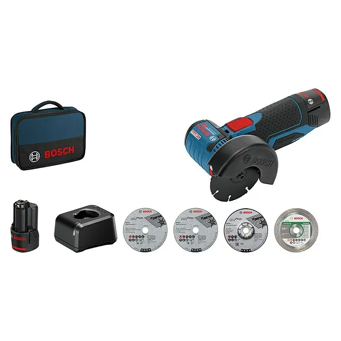Bosch Professional Akku-Winkelschleifer GWS 12V-76 - 18 V, 2 Akkus, 2 Ah, Durchmesser Scheibe: 76 mm - Bosch Akku-Winkelschleifer Set mit Zubehör. Das Set beinhaltet Schleifscheiben, Akku, Ladegerät und eine praktische Transporttasche.