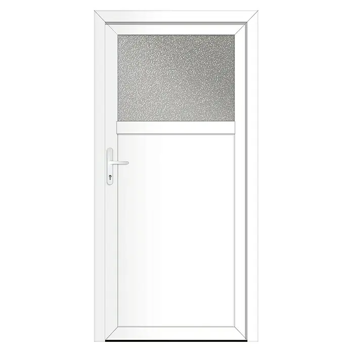 Solid Elements Nebeneingangstür 8002 - 98 x 198 cm, DIN Anschlag: Links, Weiß - Abbildung einer weißen Tür mit einem strukturierten Glasfenster im oberen Bereich und einem Griff auf der linken Seite.