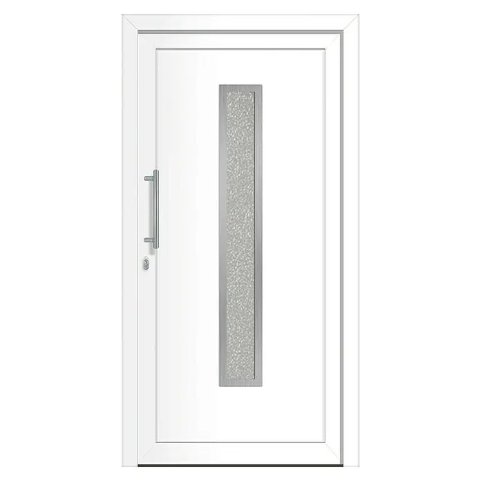 Solid Elements Haustür 1005 inklusive Griffset - 100 x 210 cm, DIN Anschlag: Links, Weiß - Weiße Haustür mit vertikalem Glaseinsatz und silbernem Griff. Modernes Design für ein einladendes Zuhause.