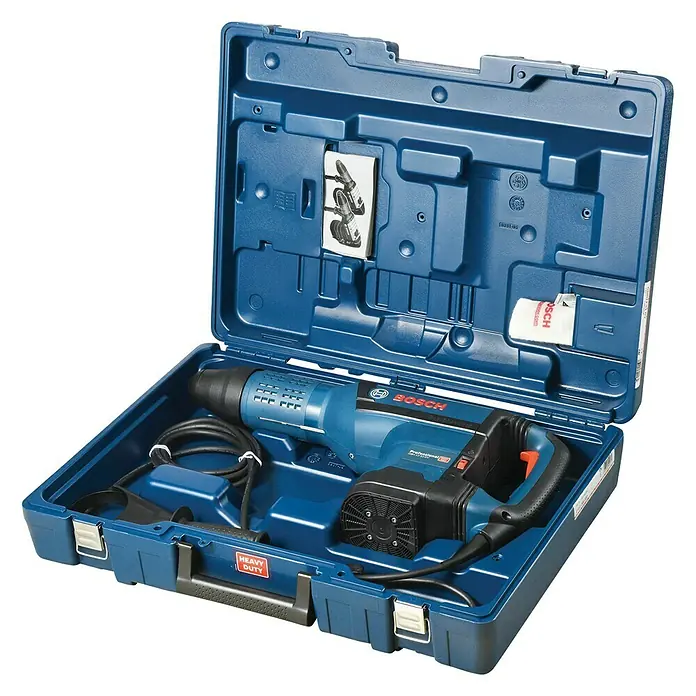 Bosch Professional Kombihammer GBH 12-52DV - 1.700 W, 19 J, SDS-Max-Aufnahme - Ein blauer Bosch Abbruchhammer, verpackt in einem blauen Werkzeugkoffer. Das Werkzeug ist sicher und ordentlich verstaut.
