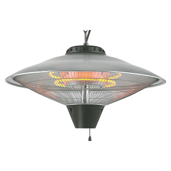 Estufa de cuarzo de techo - 30 x 56,3 x 56,3 cm, 2.100 W, Negro/Gris - Calefactor de patio colgante con reflector redondo y malla protectora, ideal para noches acogedoras al aire libre.