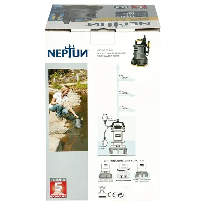 Neptun Gartenpumpe NGP-E 120 - 1.200 W, Max. Fördermenge: 4.600 l/h - Produktverpackung der NEPTUN NKSP-E 52 2-in-1 Schmutzwasserpumpe, die eine klare und schmutzige Wasserpumpfunktion bietet.