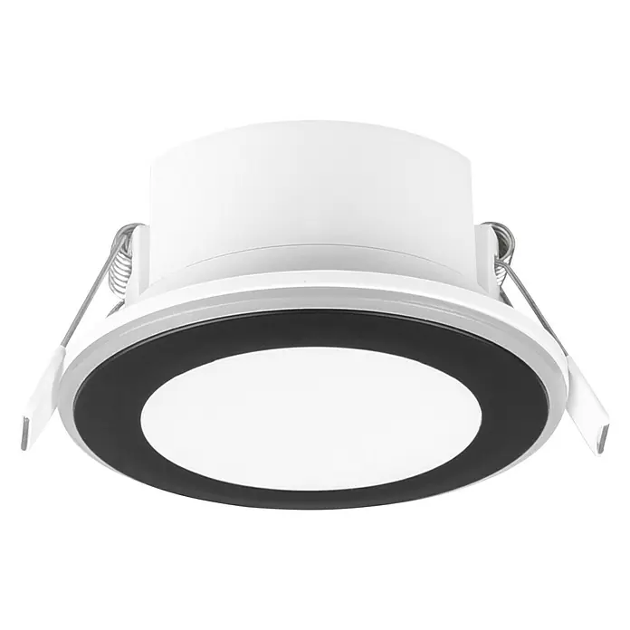 Trio Leuchten LED-Einbauleuchte rund Aura - 5 W, Ø x H: 82 mm x 4 cm, Schwarz - Nahaufnahme einer weißen LED-Deckenleuchte mit schwarzem Rand. Beleuchtungslösung für moderne Innenräume.