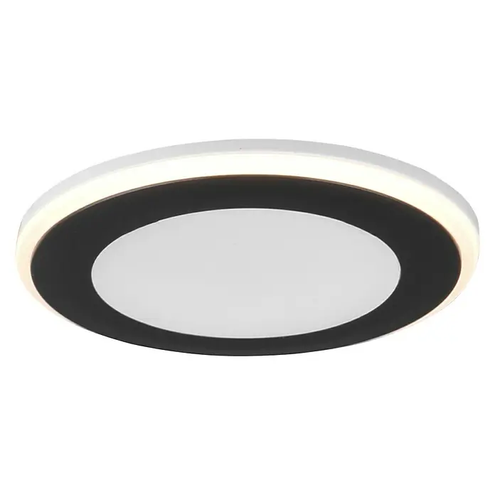 Trio Leuchten LED-Einbauleuchte rund Aura - 5 W, Ø x H: 82 mm x 4 cm, Schwarz - Diese Aufnahme zeigt eine runde Deckenleuchte mit weißem Rand und einer schwarzen Umrandung um eine weiße Mitte. Perfekt für modernes Design.