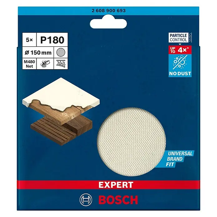 Bosch Expert Schleifgitter M480 - Durchmesser: 150 mm, Körnung: 180, 5 Stk. - Das Bild zeigt ein Bosch EXPERT M480 Net Schleifgitter-Set mit 5 Schleifgittern, Körnung P180, Durchmesser 150mm, für universellen Einsatz.