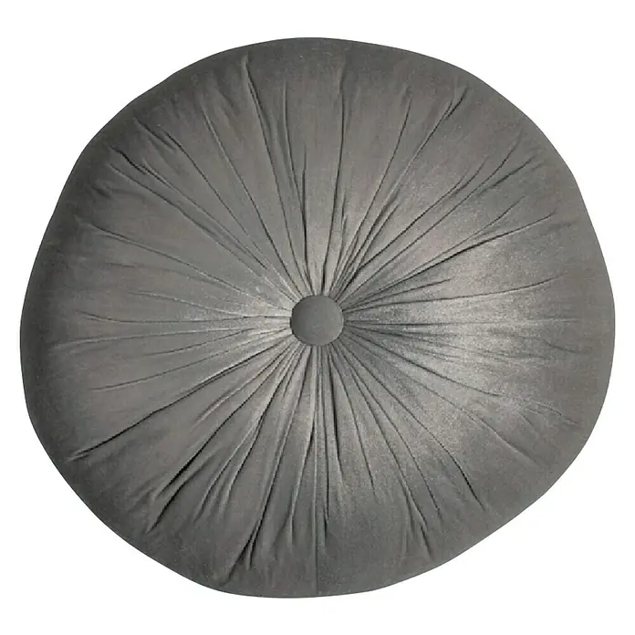 Kissen rundGrau, Durchmesser: 45 cm, 100 % Baumwolle - Ein graues, rundes Samtkissen mit einem Knopf in der Mitte, das ein elegantes und bequemes Wohnaccessoire darstellt.