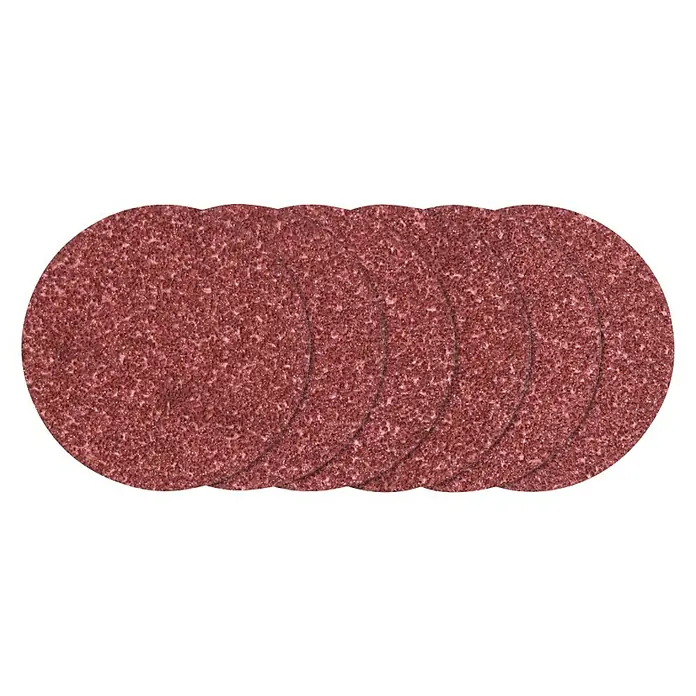 Bosch Set de hojas de lija F460 - 6 ud. - Un primer plano de una pila de discos de lijado rojos. Ideal para superficies de arena de forma suave y uniforme.