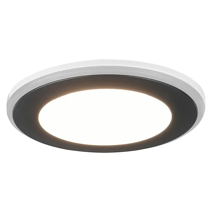 Trio Leuchten LED-Einbauleuchte rund Aura - 5 W, Ø x H: 82 mm x 4 cm, Schwarz - Nahaufnahme einer runden, weißen LED-Deckenleuchte mit schwarzem Rand, die helles, diffuses Licht ausstrahlt.