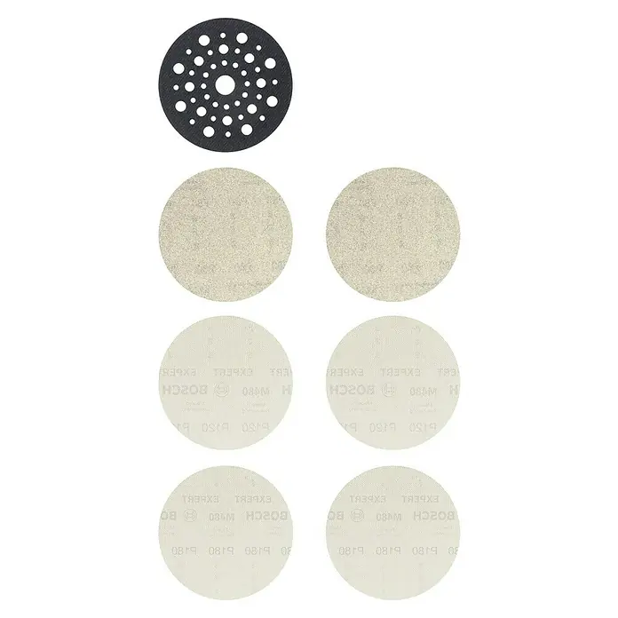 Bosch Schleifgitter-Set Expert M480 - Durchmesser: 125 mm, 7 -tlg. - Sechs Schleifscheiben: Eine Trägerplatte, zwei raue und drei feine Schleifscheiben der Marke Bosch Expert mit Körnung P180.
