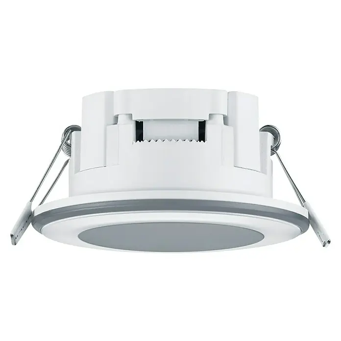 Trio Leuchten LED-Einbauleuchte rund Aura - 5 W, Ø x H: 82 mm x 4 cm, Weiß - Nahaufnahme einer LED-Einbauleuchte mit weißem Gehäuse und Befestigungsfedern, ideal für moderne Innenräume.