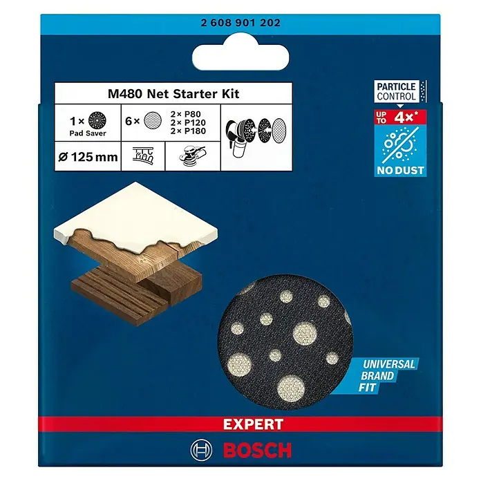 Bosch Schleifgitter-Set Expert M480 - Durchmesser: 125 mm, 7 -tlg. - Abbildung eines Bosch M480 Net Starter Kits mit Schleifscheiben und Zubehör für Schleifarbeiten mit hoher Staubkontrolle.