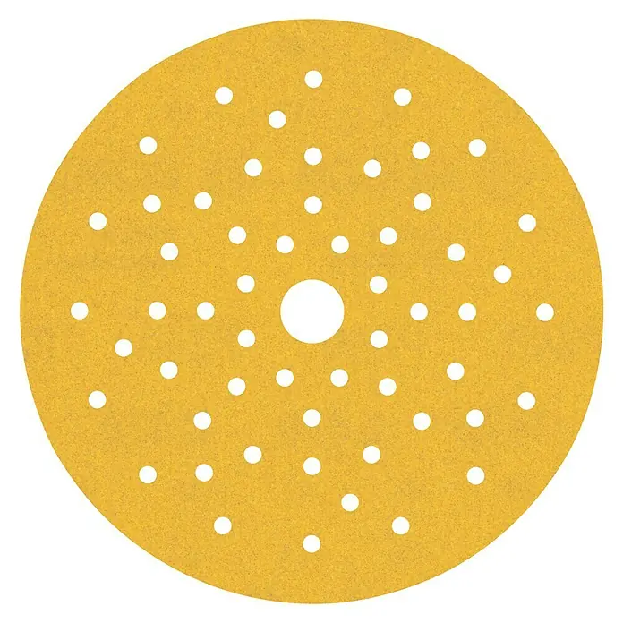 Bosch Expert Schleifpapier-Set C470 - Durchmesser: 150 mm, Körnung: 60 - 240, 6 -tlg. - Gelbes Schleifpapier mit vielen kleinen Löchern und einem großen Loch in der Mitte.