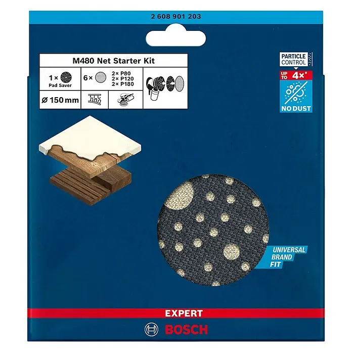 Bosch Schleifgitter-Set Expert M480 - Durchmesser: 150 mm, 7 -tlg. - Das Bosch M480 Net Starter Kit mit Schleifscheiben, Pad Saver und Staubabsaugung für effizientes Schleifen.