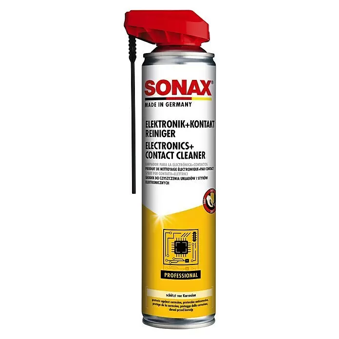 Sonax Reinigungsmittel - 400 ml - SONAX Elektronik+ Kontakt Reiniger Spraydose, weiß-gelb mit roter Kappe und schwarzem Sprührohr. Reinigt und schützt vor Korrosion.
