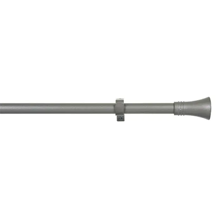 Barra para cortinas Kit modelo cono-anillo - Ø x L: 19 mm x 110 cm, Metal, Gris - Primer plano de una barra de cortina gris con un extremo en forma de trompeta y un soporte en una pared negra.