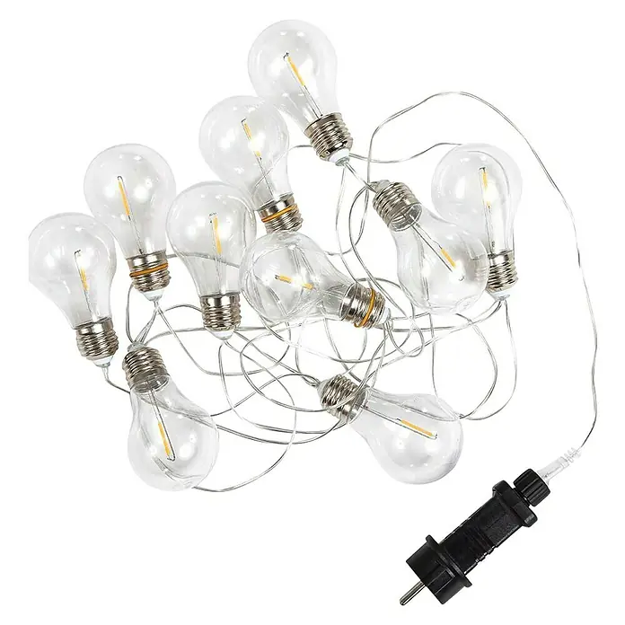 New Garden Lámpara decorativa solar Stella - Blanco cálido, Largo: 4,5 m, Transparente - Guirnalda de luces con bombillas claras y enchufe negro para iluminación ambiental interior o jardín. Ideal para fiestas y decoración.