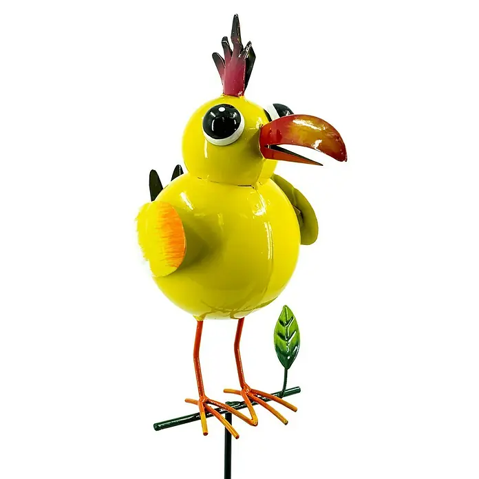 Pflanzenstecker Vogel - L x B x H: 14 x 9 x 71,5 cm, Metall, Gelb - Gelbe Vogelgartenpfähle mit roten und orangefarbenen Akzenten, eine verspielte Ergänzung für jeden Garten.