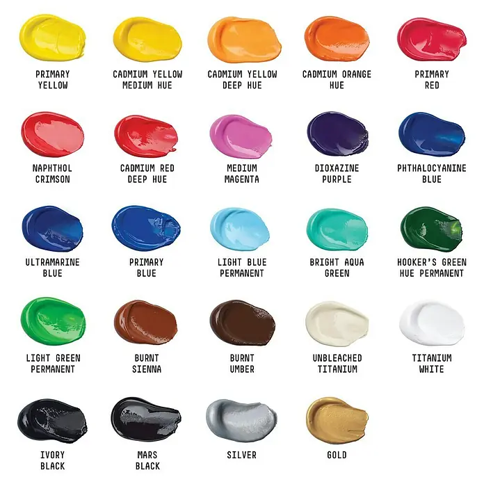 Liquitex Basics Acrylfarben-Set - Farbig sortiert, 24 Stk. x 22 ml, Tube - Farbpalette mit verschiedenen Farbtönen, darunter Gelb, Orange, Rot, Magenta, Blau, Grün, Braun, Weiß, Schwarz, Silber und Gold.