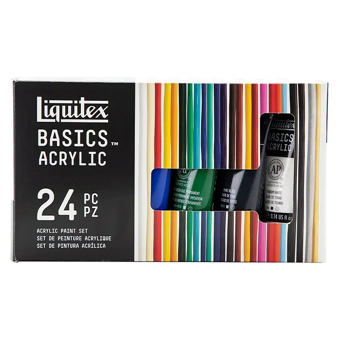Liquitex Basics Acrylfarben-Set - Farbig sortiert, 24 Stk. x 22 ml, Tube - Eine Packung Liquitex Basics Acrylfarben mit 24 Farben, ideal für Künstler und Hobbybastler, die hochwertige Farben suchen.