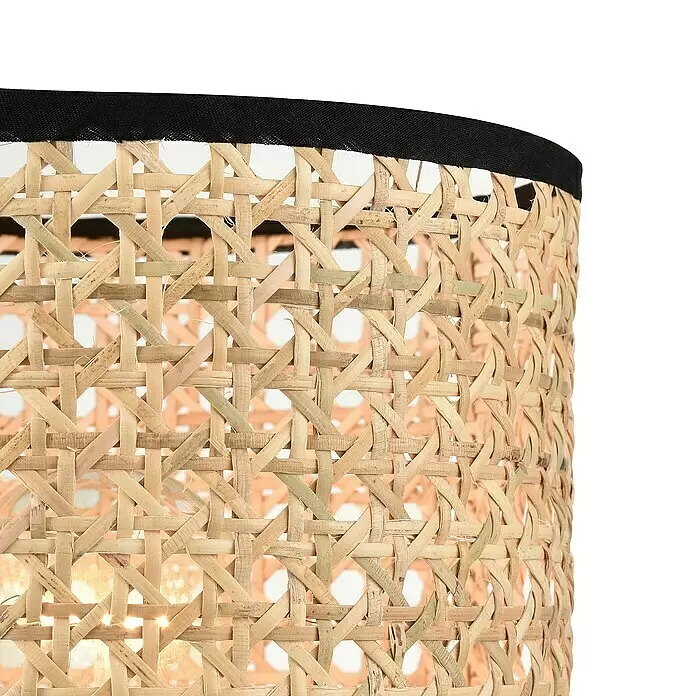 Lavida Tischleuchte Wien - 40 W, Natur, Schwarz, Braun, E27 - Lampenschirm aus geflochtenem Rattan mit schwarzem Stoffrand, der Licht durchlässt.