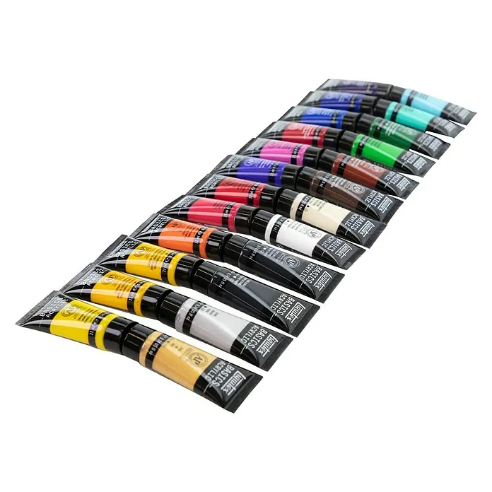Liquitex Basics Acrylfarben-Set - Farbig sortiert, 24 Stk. x 22 ml, Tube - Nahaufnahme einer Packung Liquitex Basics Acrylfarben in verschiedenen Farben, die in kleinen Tuben angeboten werden.