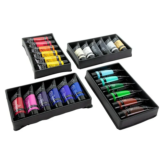 Liquitex Basics Acrylfarben-Set - Farbig sortiert, 24 Stk. x 22 ml, Tube - Sortimente mit Basica Acrylfarben in verschiedenen Farbtönen in schwarzen Behältern, perfekt für Künstler und Bastler.