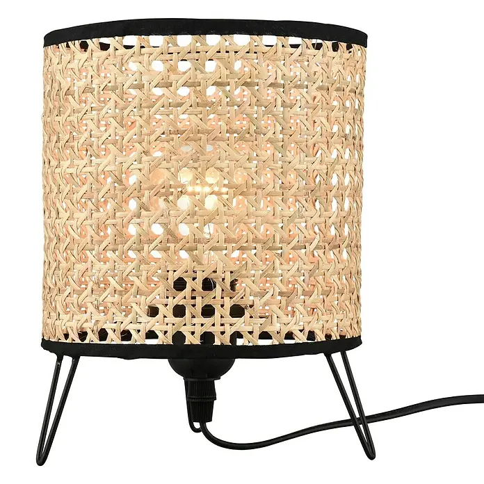 Lavida Tischleuchte Wien - 40 W, Natur, Schwarz, Braun, E27 - Stimmungsvolle Tischleuchte mit einem Lampenschirm aus Rattan und einem schlanken, schwarzen Metallfuß. Sie spendet ein warmes, einladendes Licht.
