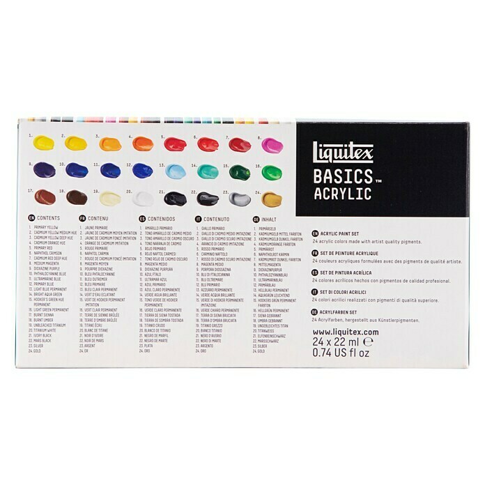 Liquitex Basics Acrylfarben-SetFarbig sortiert, 24 Stk. x 22 ml, Tube Back View