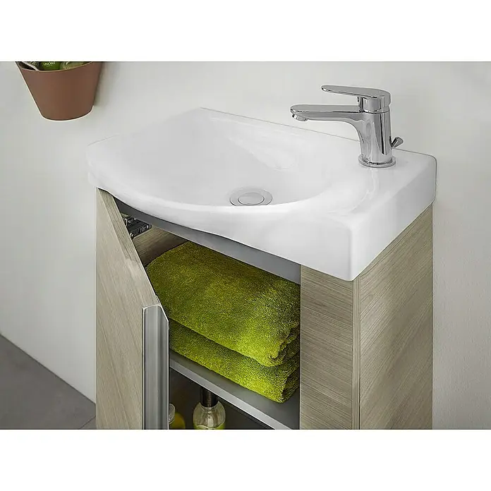 Riva Badmöbel-Set Elegance - Gesamtbreite Badmöbel: 45,2 cm, Silbergrau - Modernes Badezimmer-Waschbecken mit Holzunterschrank, der Handtücher und Pflegeprodukte aufbewahrt. Silberner Wasserhahn und minimalistisches Design.