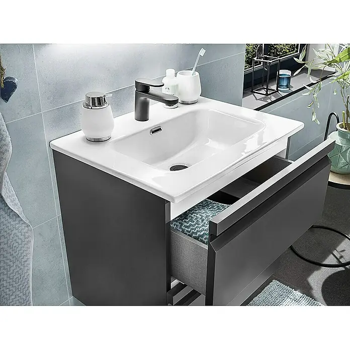 Camargue Pull Waschtischunterschrank - B x T x H: 59,5 x 45,4 x 55 cm, Grafit - Moderner Waschtischunterschrank mit geöffneter Schublade, weißem Aufsatzwaschbecken und Armatur für stilvolle Badezimmer.