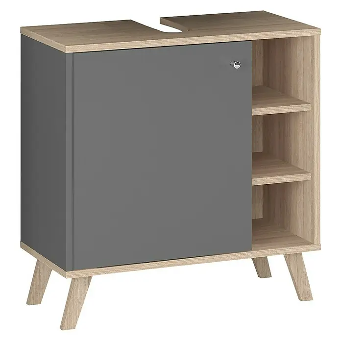 Astor Waschtischunterschrank65 x 33 x 60,5 cm, Anthrazit/Eiche Hell - Ein moderner Badezimmerschrank in Grau und Holzoptik mit einer Tür und offenen Regalen für zusätzlichen Stauraum.