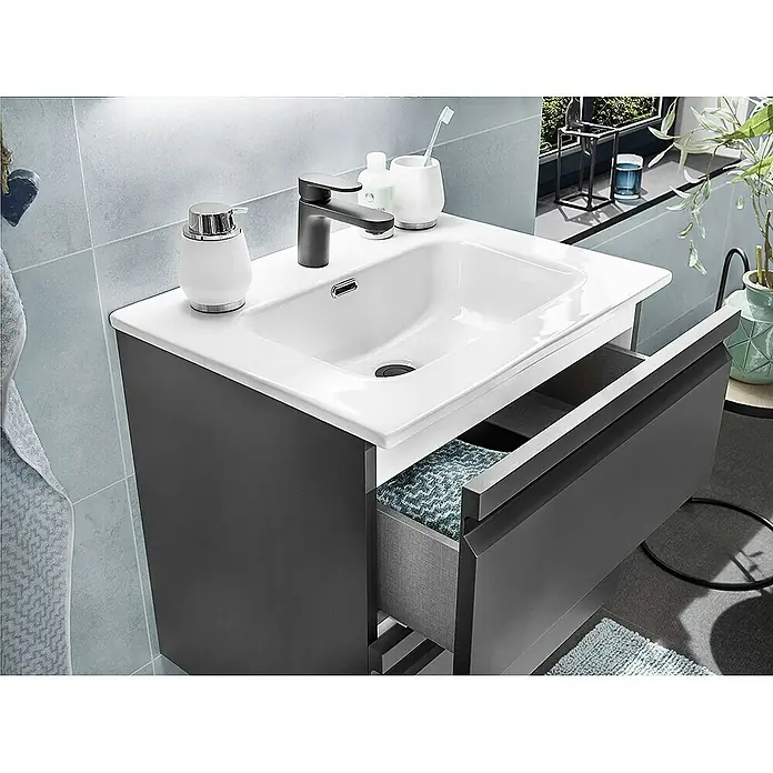 Camargue Pull Aufsatzwaschbecken - 61 x 46 cm, Weiß - Ein moderner Waschtisch mit weißem Waschbecken und grauen Unterschrank mit offener Schublade, ideal für stilvolle Badezimmer.