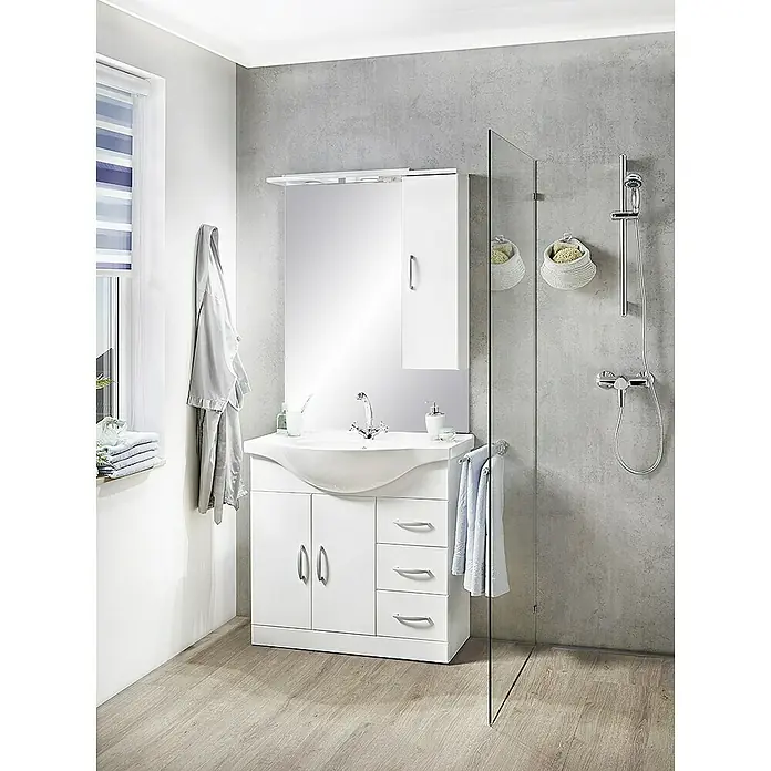 Riva Badmöbel-Set Inka - Gesamtbreite Badmöbel: 85 cm, Weiß, Glänzend - Elegantes Badezimmer-Waschbecken mit Spiegel und Stauraum, kombiniert Funktionalität mit modernem Design.
