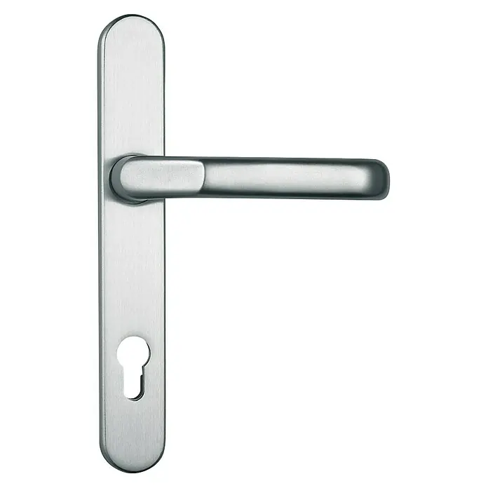 Abus Schutzbeschlag SRG 92 N - Schmalrahmen, Aluminium, Geeignet für: 12 mm Zylinderüberstand - Türgriff aus gebürstetem Edelstahl mit Schlüsselloch. Das Design ist modern und schlicht, passend für viele Inneneinrichtungen.