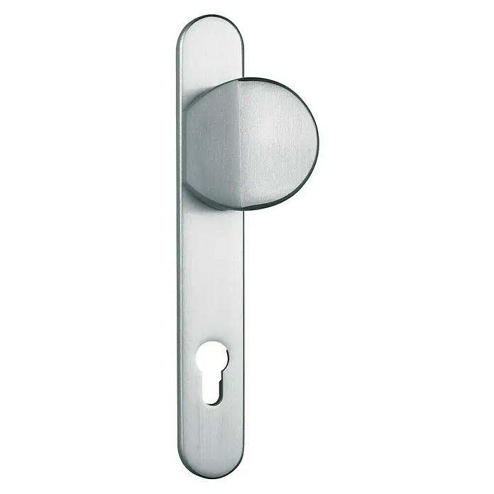 Abus Schutzbeschlag SRG92 N - Schmalrahmen, Aluminium, Knopf außen, Drücker innen, Stärke Tür: 57 mm - 65 mm - Dieses Bild zeigt eine moderne Türgarnitur aus Edelstahl, bestehend aus einem Griff und einer Schlüsselrosette, ideal für zeitgemäße Inneneinrichtungen.