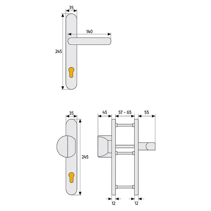 Abus Schutzbeschlag SRG 92 N - Schmalrahmen, Aluminium, Geeignet für: 12 mm Zylinderüberstand - Zeichnung eines Türgriffs mit Maßen zur Darstellung der Abmessungen, einschließlich Länge, Breite und Tiefe des Türgriffs.