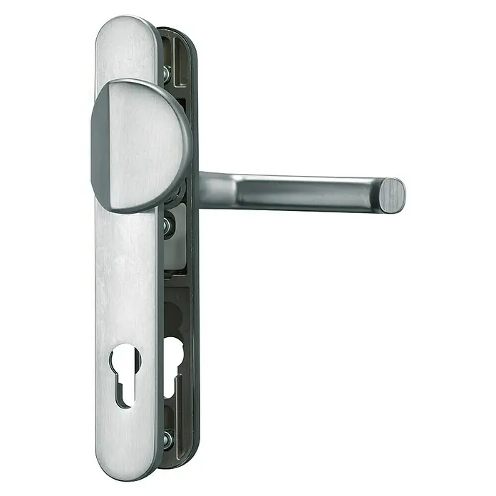 Abus Schutzbeschlag SRG92 N - Schmalrahmen, Aluminium, Knopf außen, Drücker innen, Stärke Tür: 57 mm - 65 mm - Türgriff aus gebürstetem Edelstahl mit Schlüsselrosette für moderne Innentüren. Stilvolles Design für Ihr Zuhause.