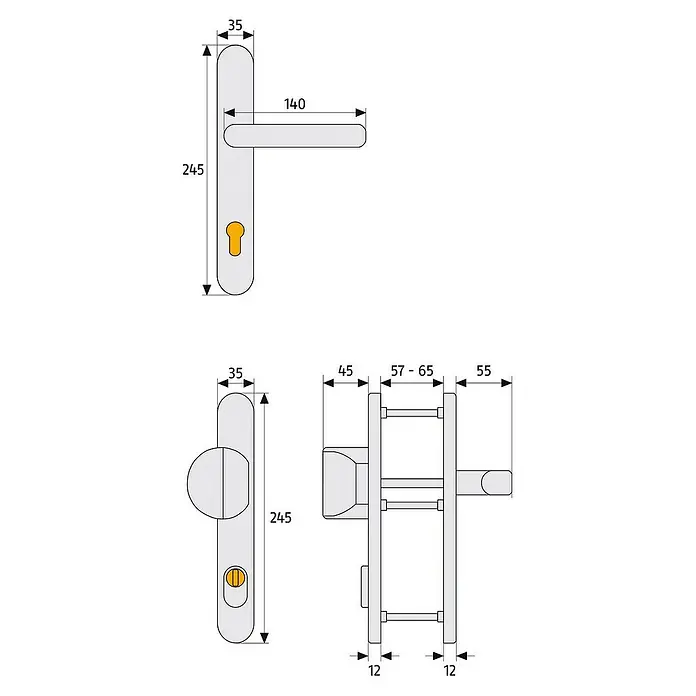 Abus Schutzbeschlag SRG 92 N - Schmalrahmen, Weiß, Geeignet für: 7,5 - 12 mm Zylinderüberstand, Stärke Tür: 59 mm - 69 mm - Abbildung eines Türdrückers mit Rosette und den zugehörigen Maßangaben. Die Drückergarnitur ist in verschiedenen Ansichten dargestellt.