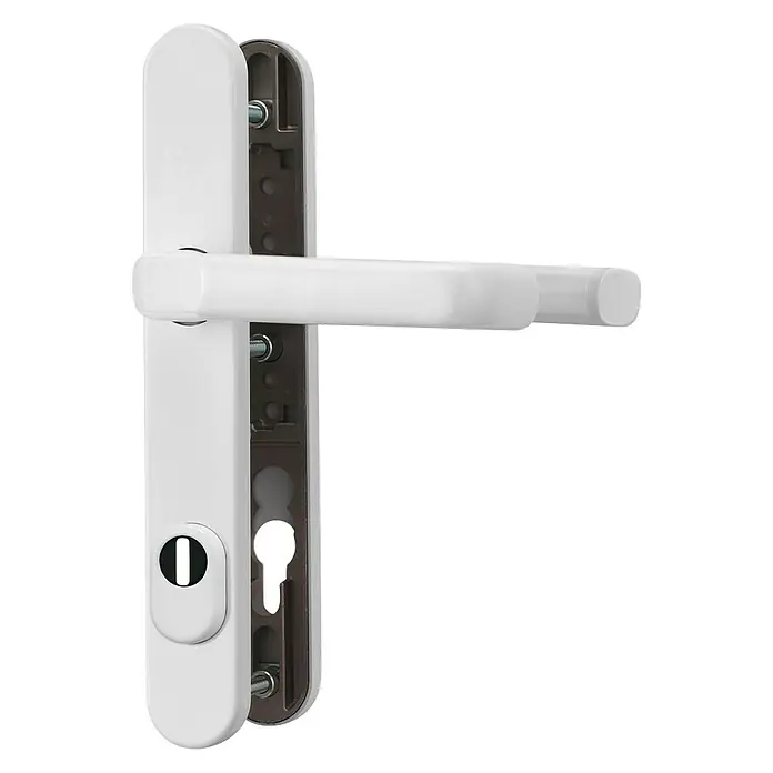 Abus Schutzbeschlag SRG 92 N - Schmalrahmen, Weiß, Geeignet für: 7,5 - 12 mm Zylinderüberstand, Stärke Tür: 59 mm - 69 mm - Weiße Türgriffgarnitur mit Langschild und Zylinderschloss, ideal für moderne Türen. Robuste Ausführung für langanhaltende Nutzung.