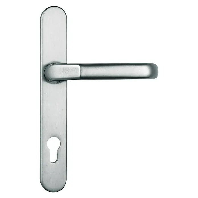 Abus Schutzbeschlag SRG92 NSchmalrahmen, Aluminium, Knopf außen, Drücker innen, Stärke Tür: 57 mm - 65 mm - Silberner Türgriff mit Schlüsselrosette auf schwarzem Hintergrund, modernes Design für Innentüren.