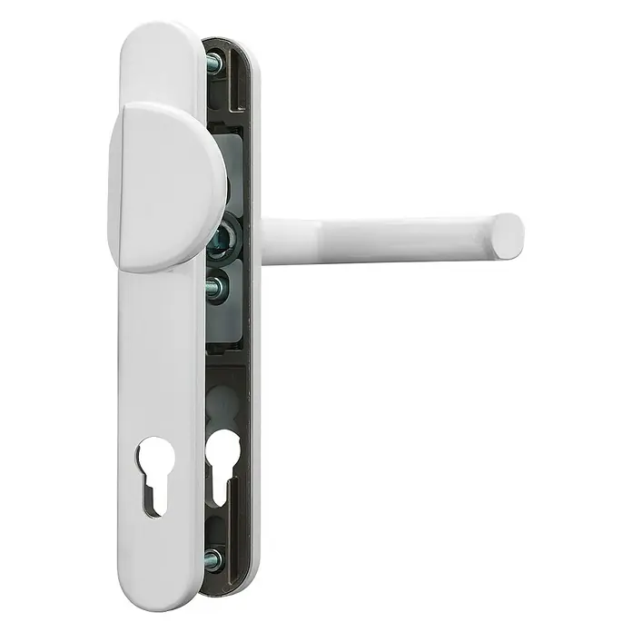 Abus Schutzbeschlag SRG 92 N - Schmalrahmen, Weiß, Knopf außen, Drücker innen, Stärke Tür: 59 mm - 69 mm - Detailaufnahme eines weißen Türgriffs mit Schlüsselloch, der die Funktionalität und das Designelement hervorhebt.