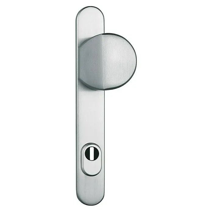 Abus Schutzbeschlag SRG 92 N - Schmalrahmen, Silber, Stärke Tür: 59 mm - 69 mm - Nahaufnahme eines modernen Fenstergriffs aus gebürstetem Stahl mit Verriegelungsmechanismus, der ein elegantes und funktionales Design zeigt.